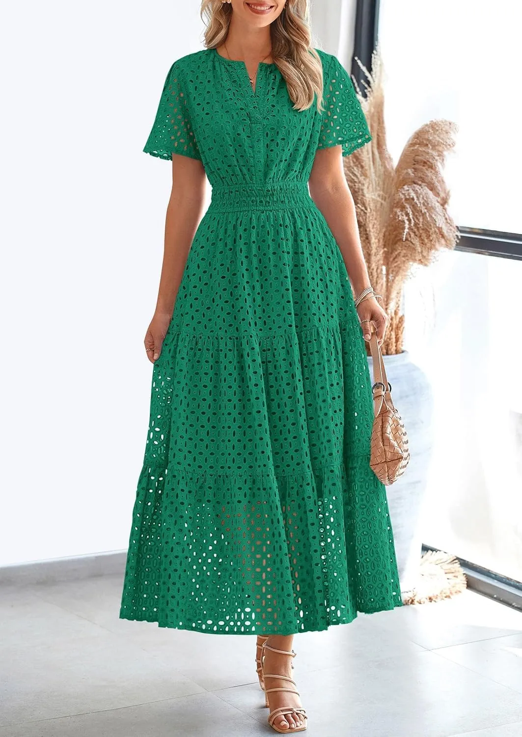 Womens 2025 Summer Maxi Dress Short Sleeve V Neck Hollow Out Eyelet A Line Long Flowy Beach Vacation Dresses