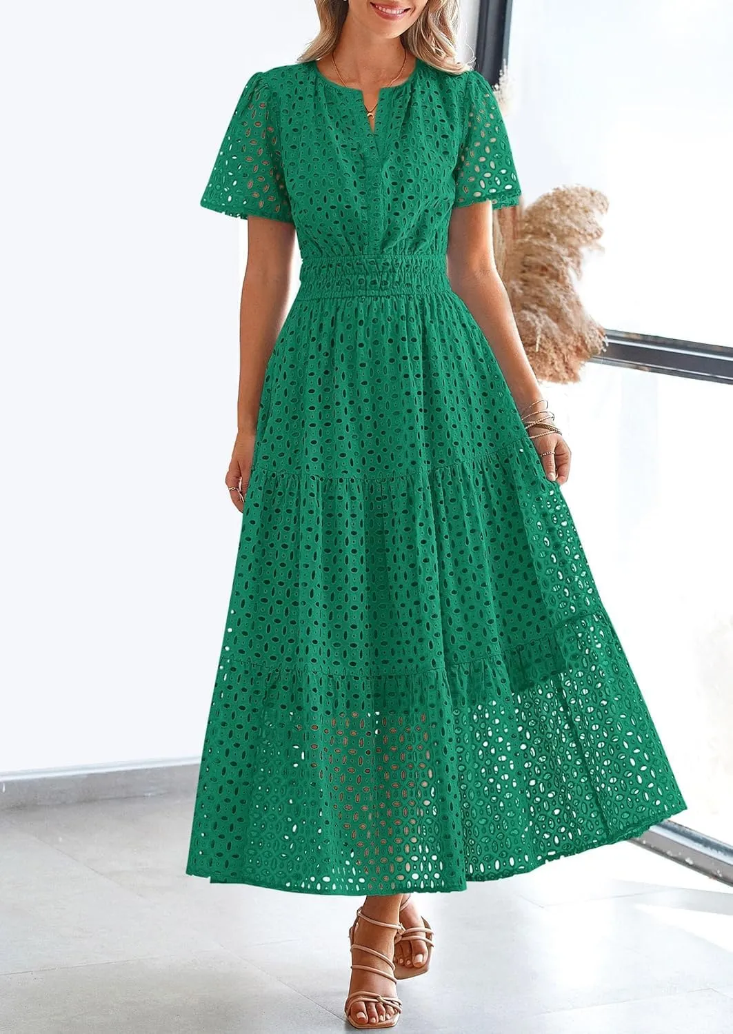 Womens 2025 Summer Maxi Dress Short Sleeve V Neck Hollow Out Eyelet A Line Long Flowy Beach Vacation Dresses