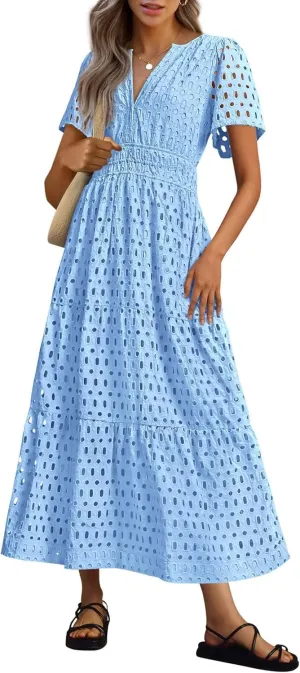 Womens 2025 Summer Maxi Dress Short Sleeve V Neck Hollow Out Eyelet A Line Long Flowy Beach Vacation Dresses