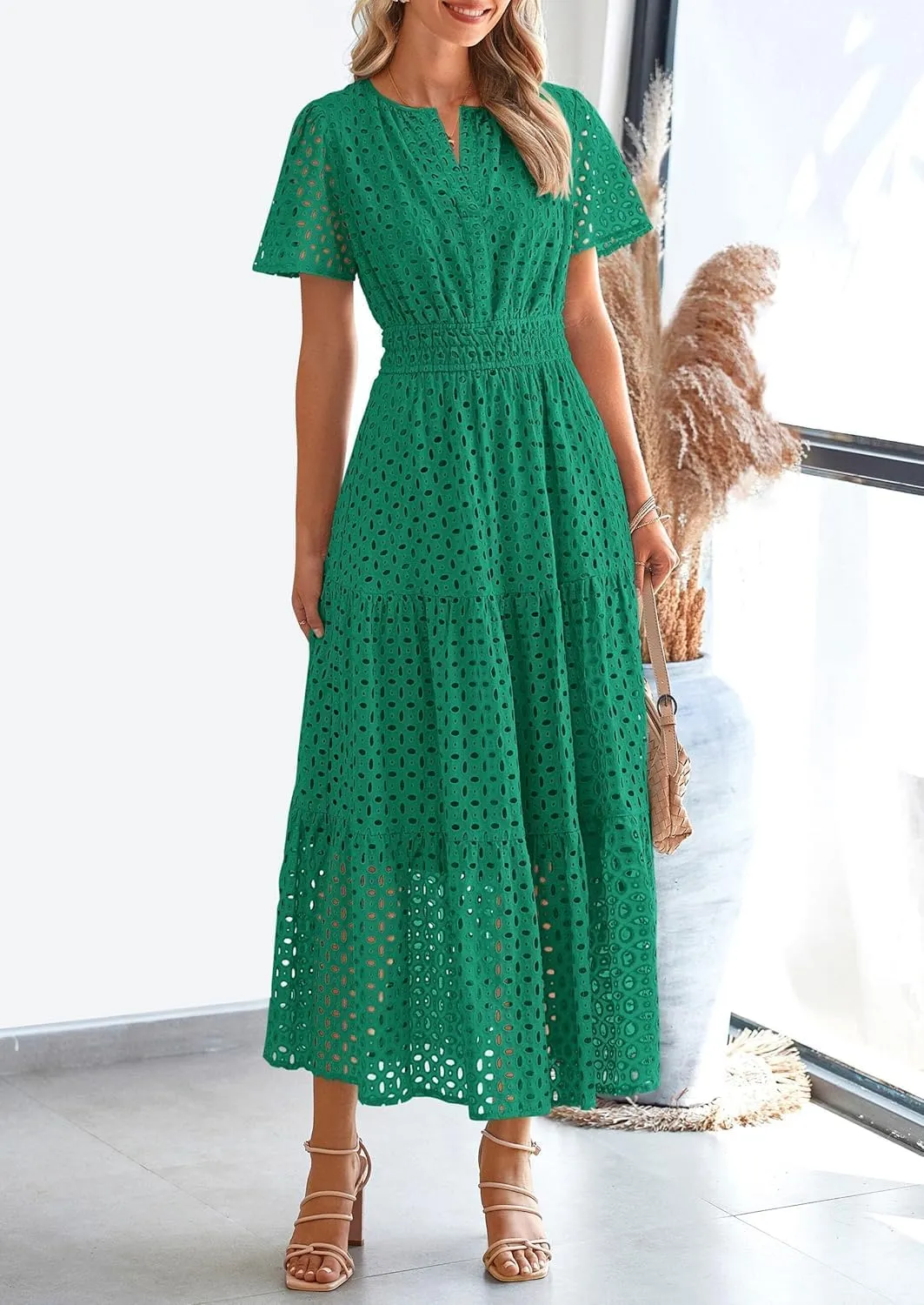 Womens 2025 Summer Maxi Dress Short Sleeve V Neck Hollow Out Eyelet A Line Long Flowy Beach Vacation Dresses