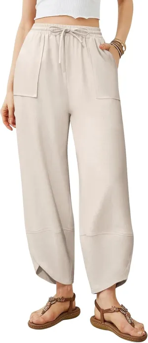 Womens Barrel Harem Linen Pants Wide Leg Pants Baggy Sweatpants Palazzo Drawstring Elastic Waist with Pockets Beach