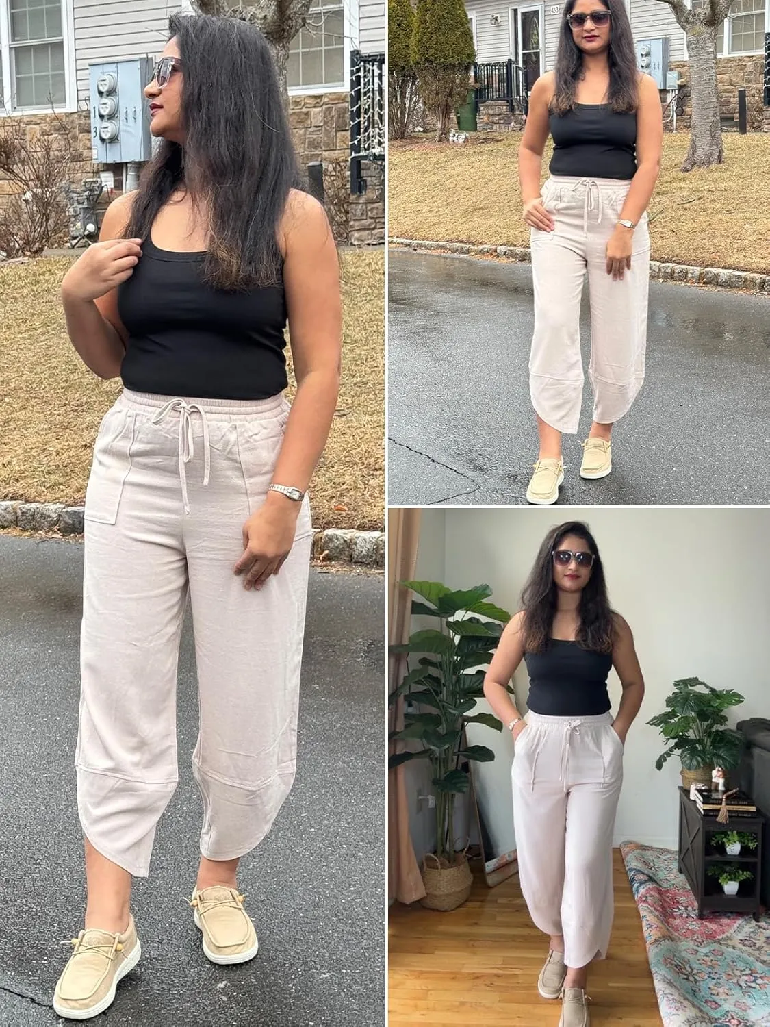 Womens Barrel Harem Linen Pants Wide Leg Pants Baggy Sweatpants Palazzo Drawstring Elastic Waist with Pockets Beach