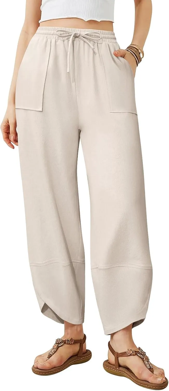 Womens Barrel Harem Linen Pants Wide Leg Pants Baggy Sweatpants Palazzo Drawstring Elastic Waist with Pockets Beach