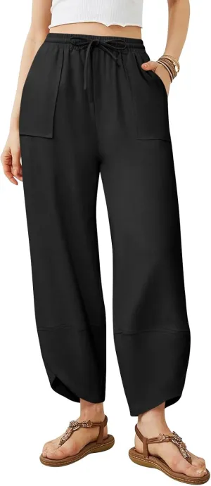 Womens Barrel Harem Linen Pants Wide Leg Pants Baggy Sweatpants Palazzo Drawstring Elastic Waist with Pockets Beach