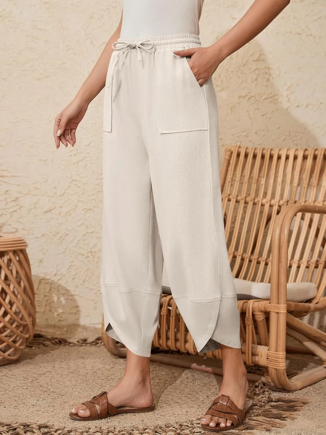 Womens Barrel Harem Linen Pants Wide Leg Pants Baggy Sweatpants Palazzo Drawstring Elastic Waist with Pockets Beach