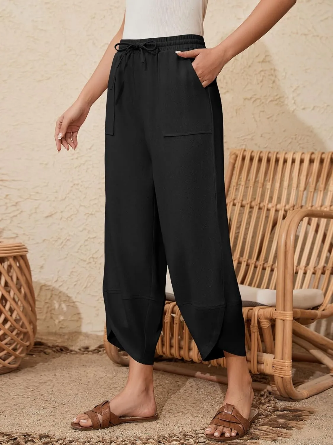 Womens Barrel Harem Linen Pants Wide Leg Pants Baggy Sweatpants Palazzo Drawstring Elastic Waist with Pockets Beach