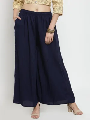 Women'S Navy Blue Solid Rayon Sharara