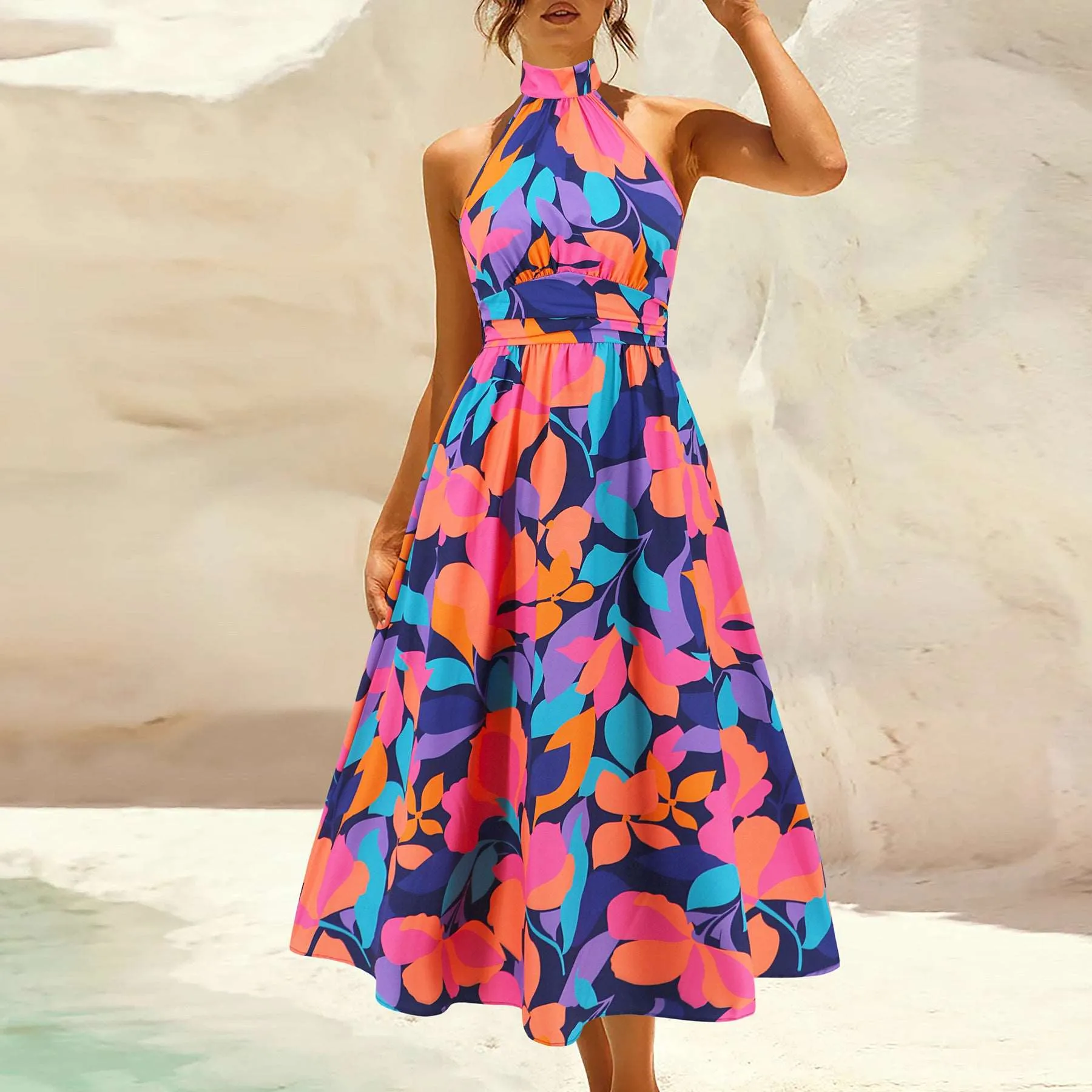 Women's Printed Stand Collar Sleeveless Dress