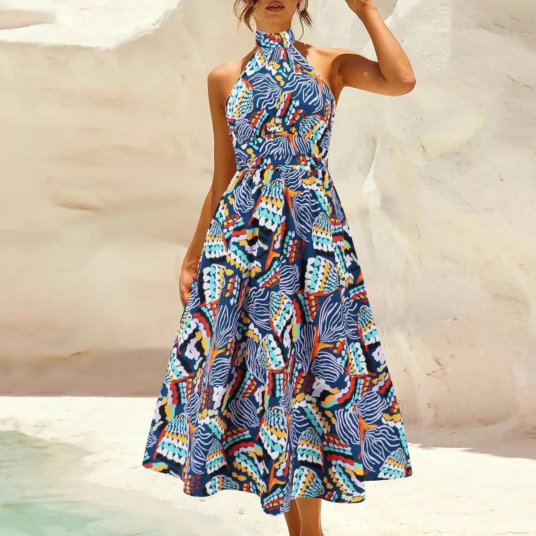 Women's Printed Stand Collar Sleeveless Dress