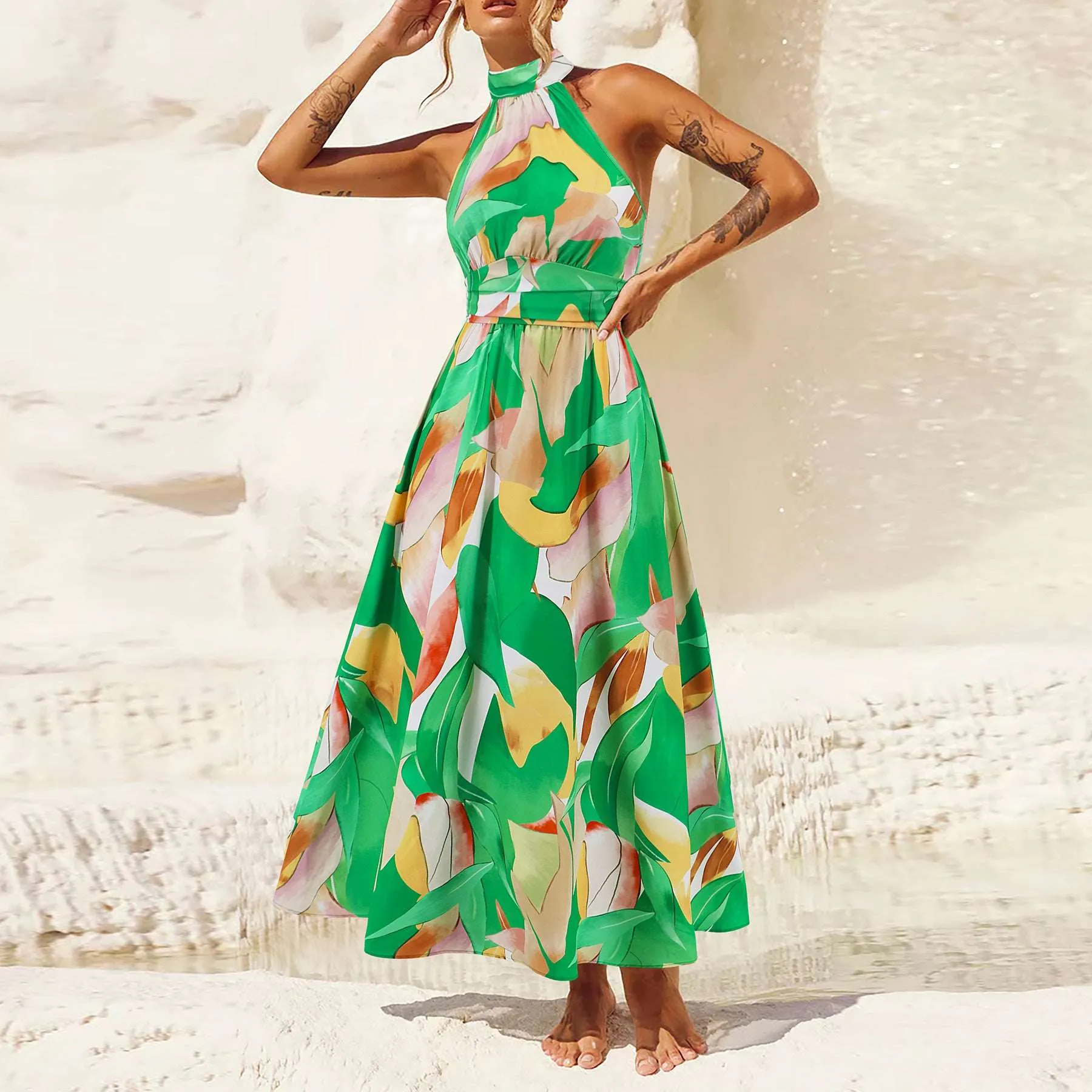 Women's Printed Stand Collar Sleeveless Dress