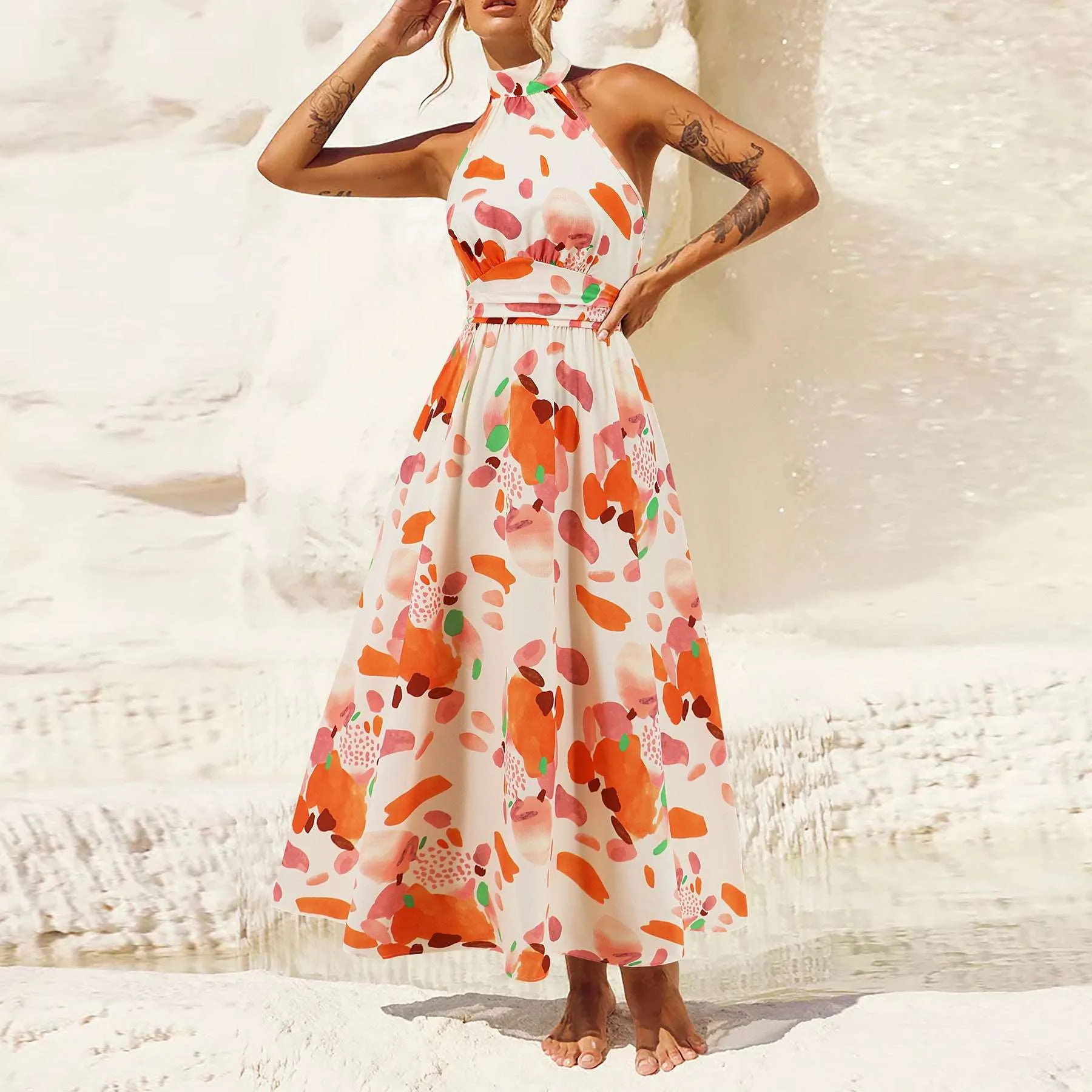 Women's Printed Stand Collar Sleeveless Dress