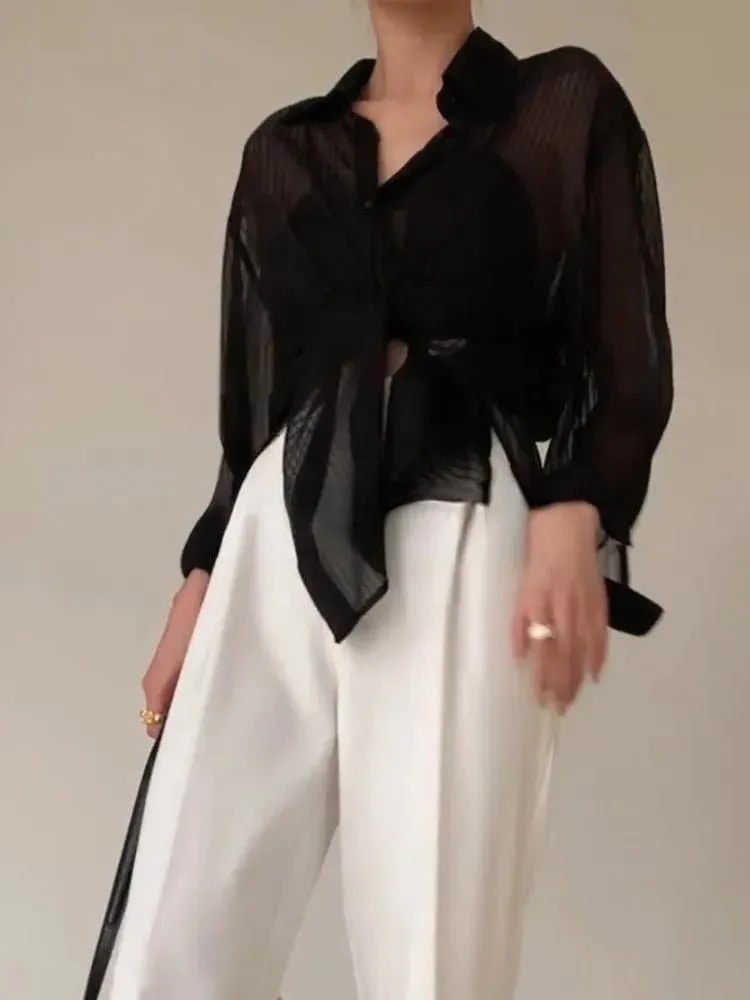 Women's Sheer Striped Shirt - Casual Long Sleeve Korean Style