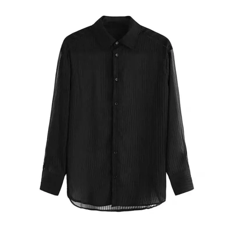 Women's Sheer Striped Shirt - Casual Long Sleeve Korean Style