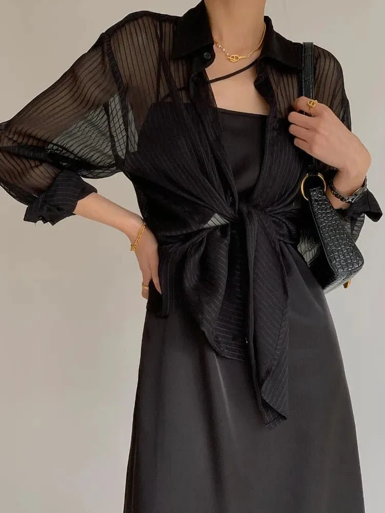 Women's Sheer Striped Shirt - Casual Long Sleeve Korean Style