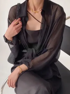 Women's Sheer Striped Shirt - Casual Long Sleeve Korean Style
