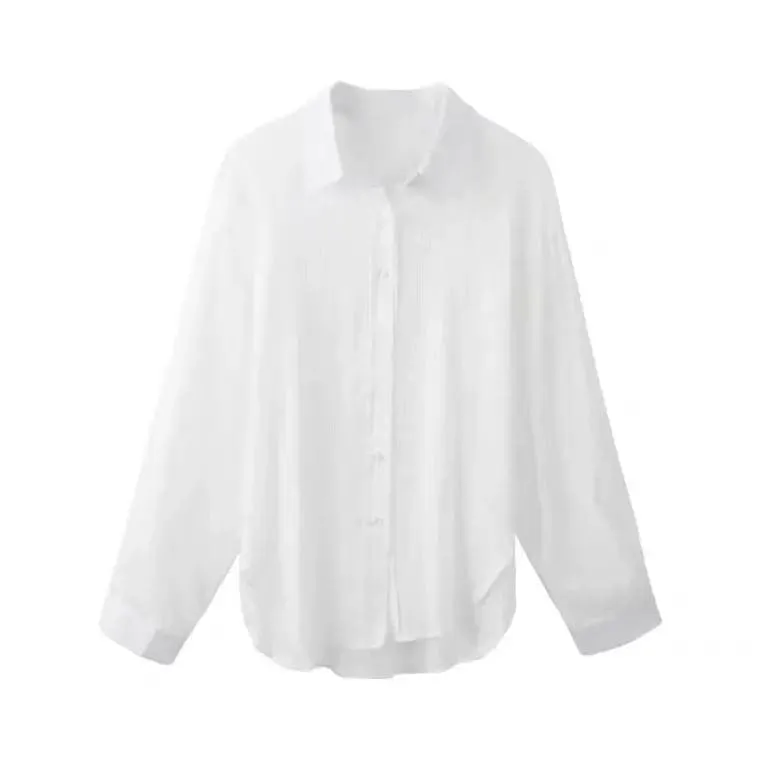 Women's Sheer Striped Shirt - Casual Long Sleeve Korean Style