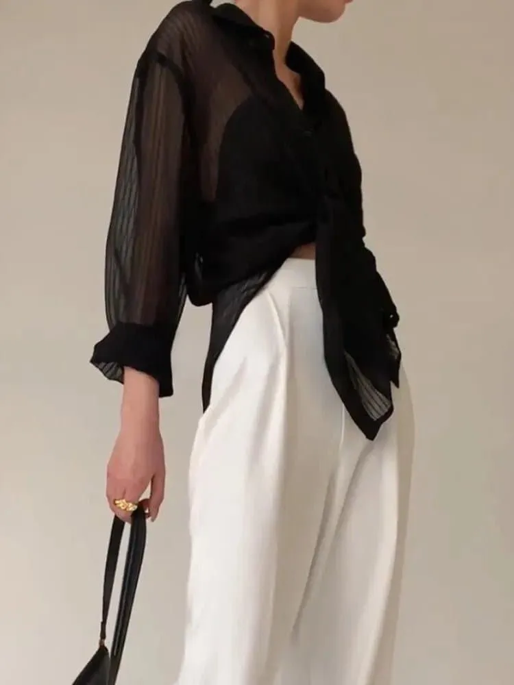 Women's Sheer Striped Shirt - Casual Long Sleeve Korean Style