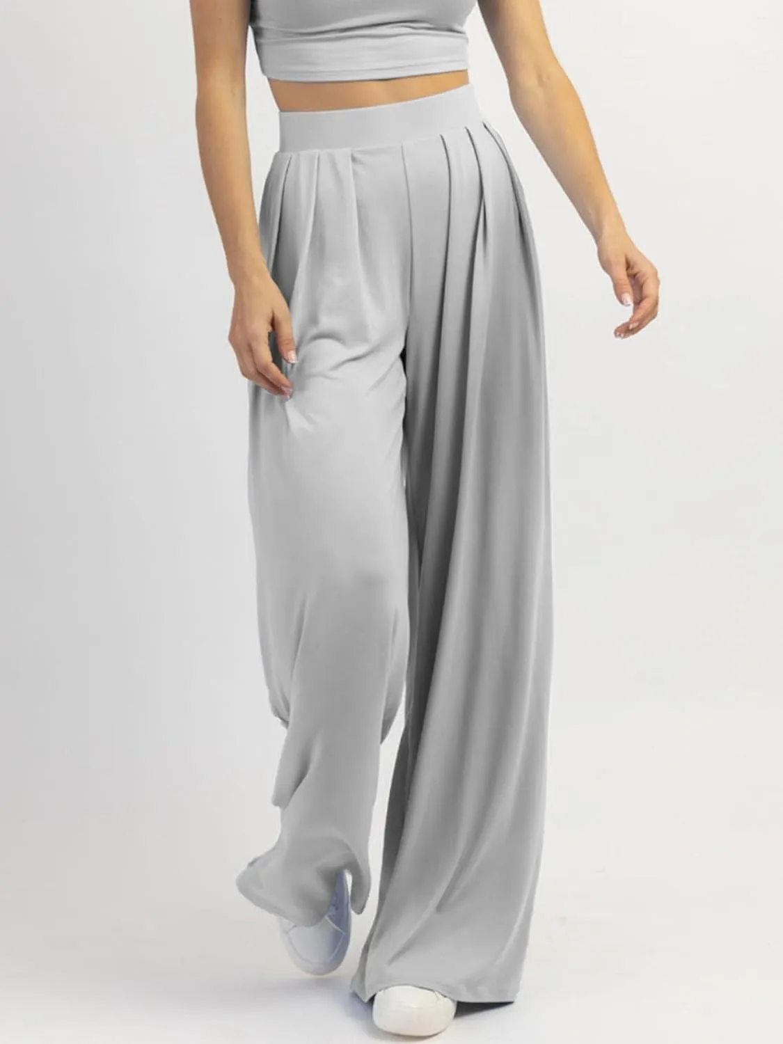 Womens Wide Leg Pants Casual Palazzo Flowy Pleated Trouser Woman Elastic High Waisted Loose Fit Lounge Pant Comfy 2025