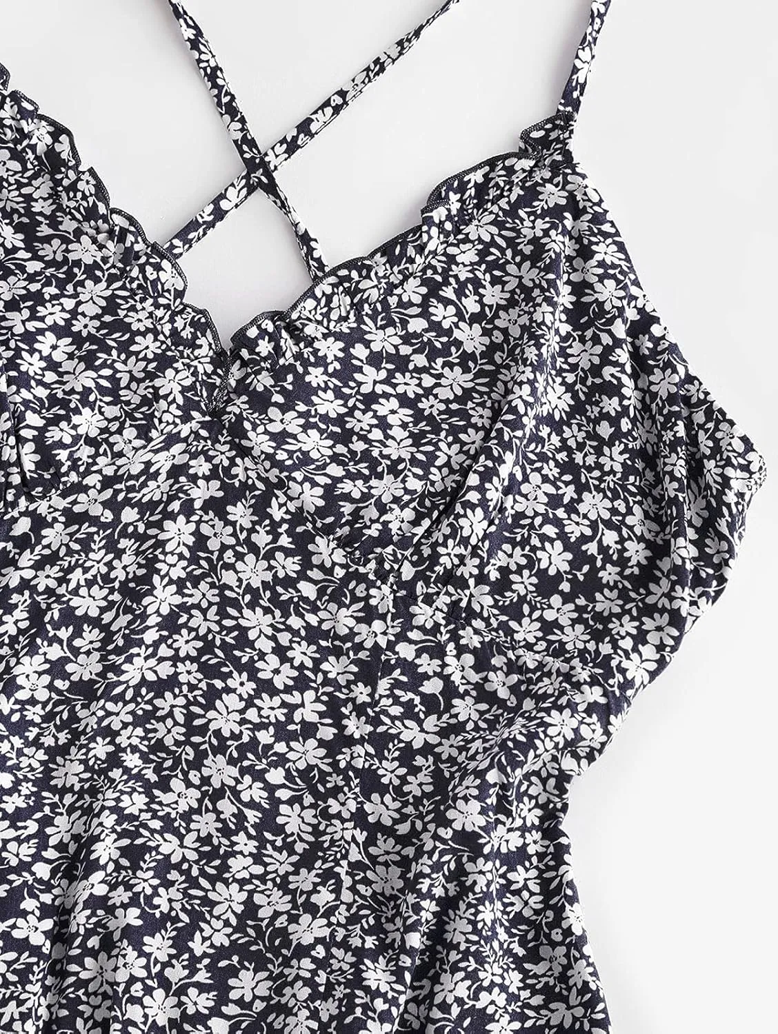 ZAFUL Women's Ditsy Floral Cami Mini Dress V-Neck Cross Back Ruched Frilled A-Line Dress Swing Skater Beach Dress