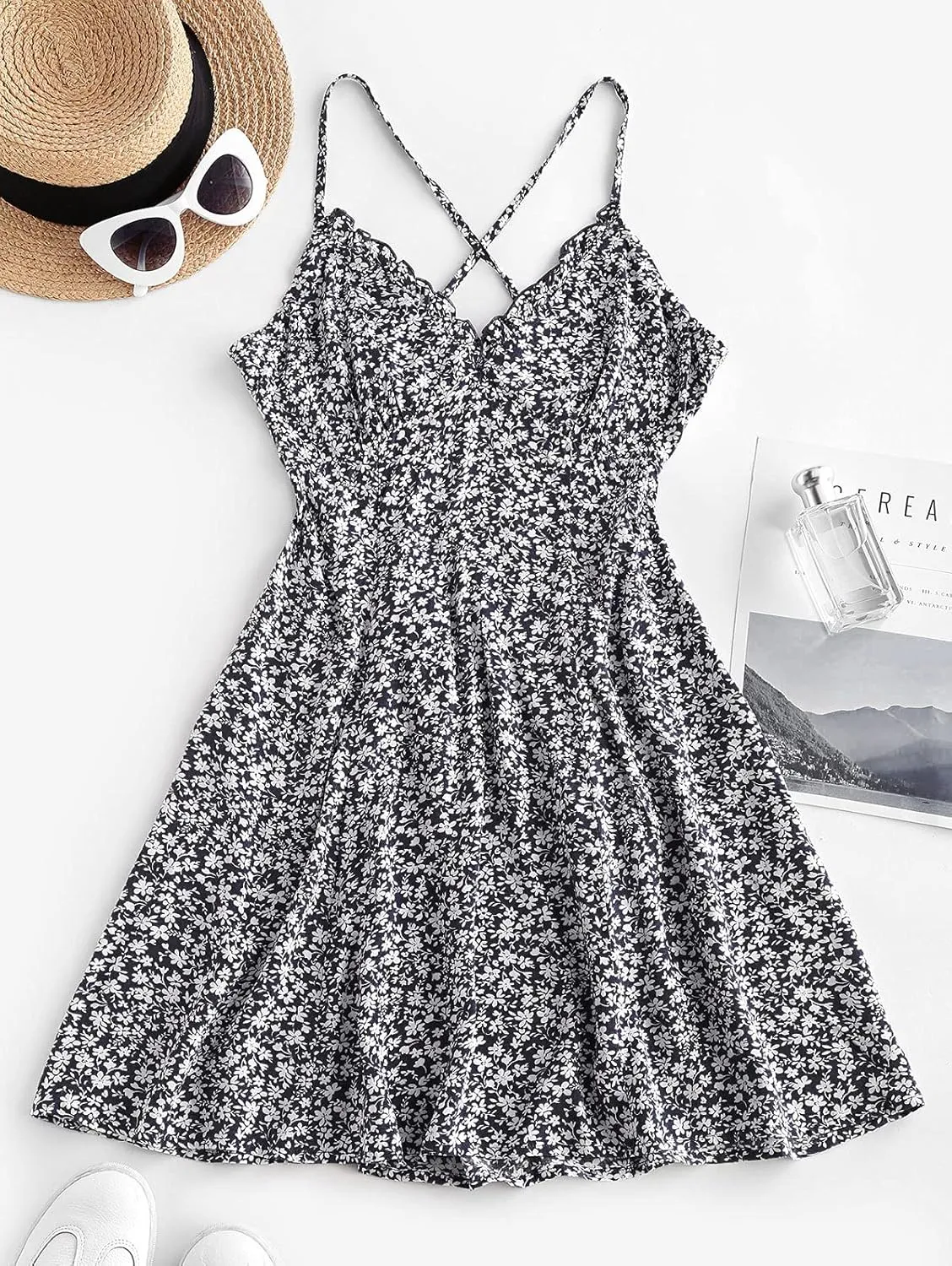 ZAFUL Women's Ditsy Floral Cami Mini Dress V-Neck Cross Back Ruched Frilled A-Line Dress Swing Skater Beach Dress