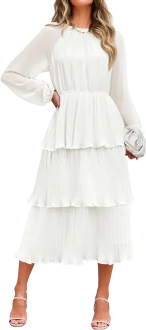 ZESICA Women's 2025 Long Sleeve Crew Neck Ruffle Tiered Layered Chiffon Flowy Swing 2025 Long Midi Dress