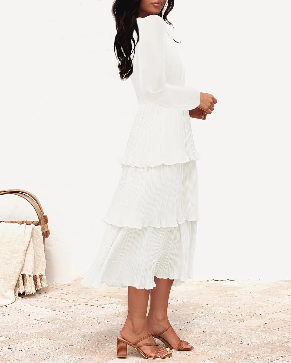 ZESICA Women's 2025 Long Sleeve Crew Neck Ruffle Tiered Layered Chiffon Flowy Swing 2025 Long Midi Dress
