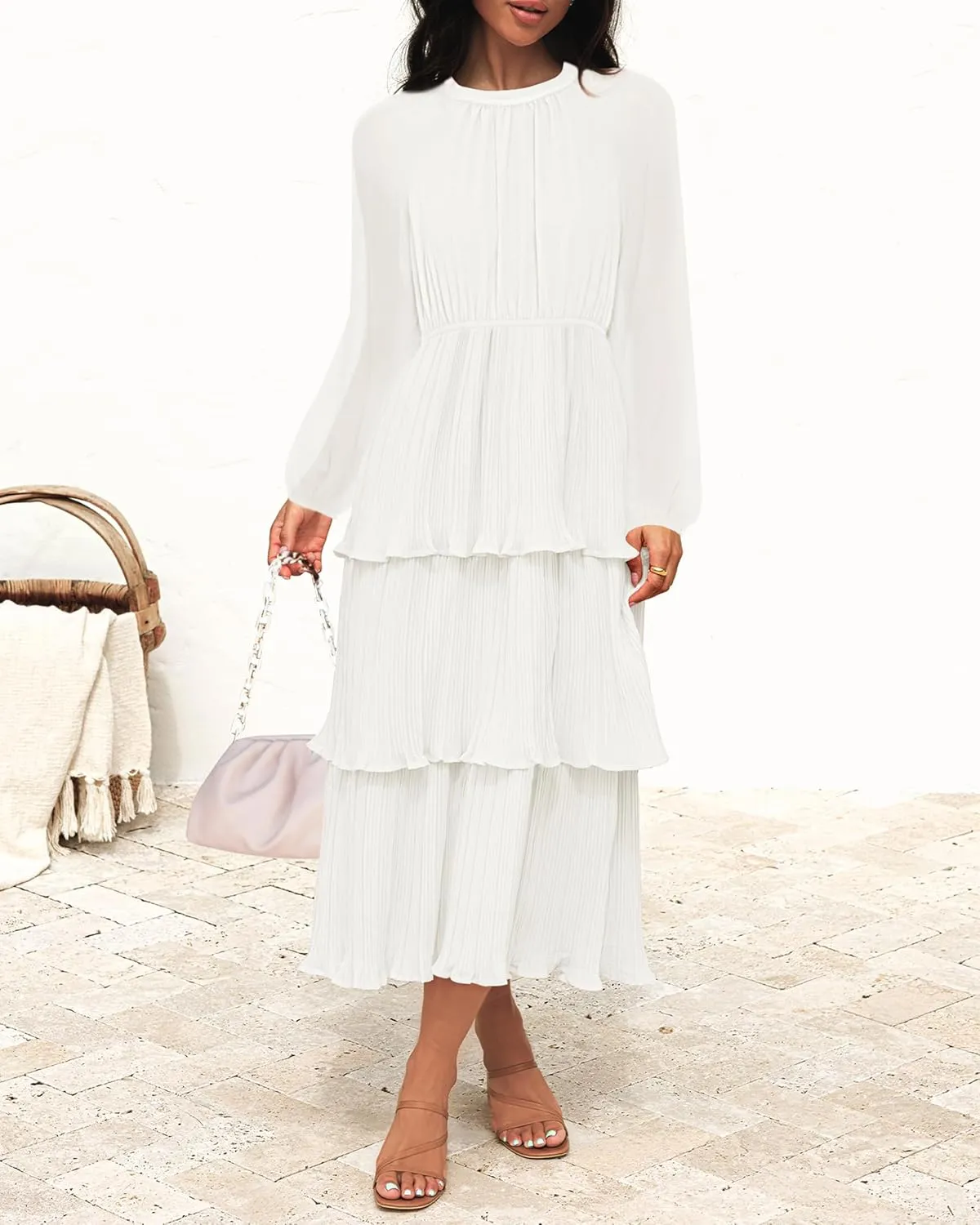 ZESICA Women's 2025 Long Sleeve Crew Neck Ruffle Tiered Layered Chiffon Flowy Swing 2025 Long Midi Dress